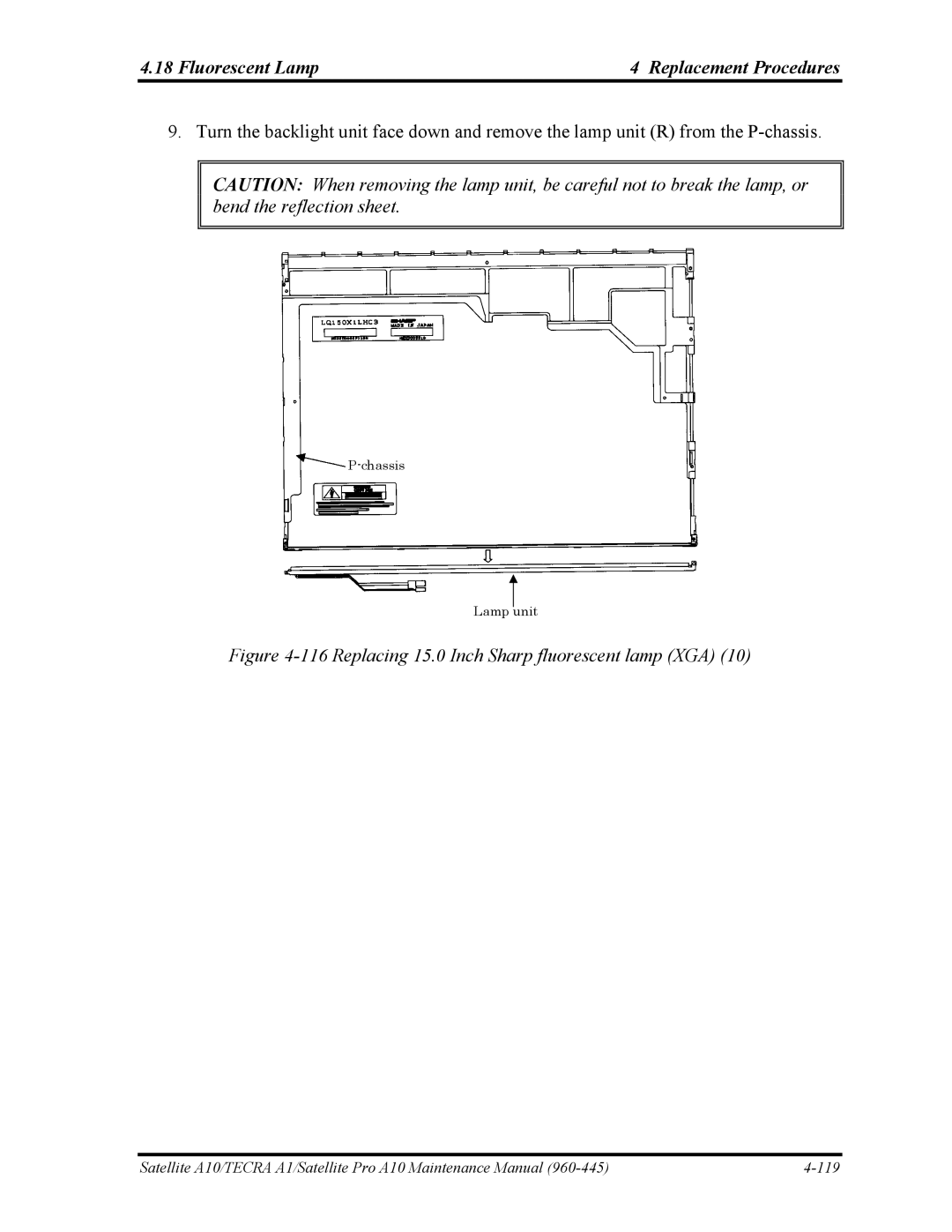 Toshiba A10 manual Replacing 15.0 Inch Sharp fluorescent lamp XGA 