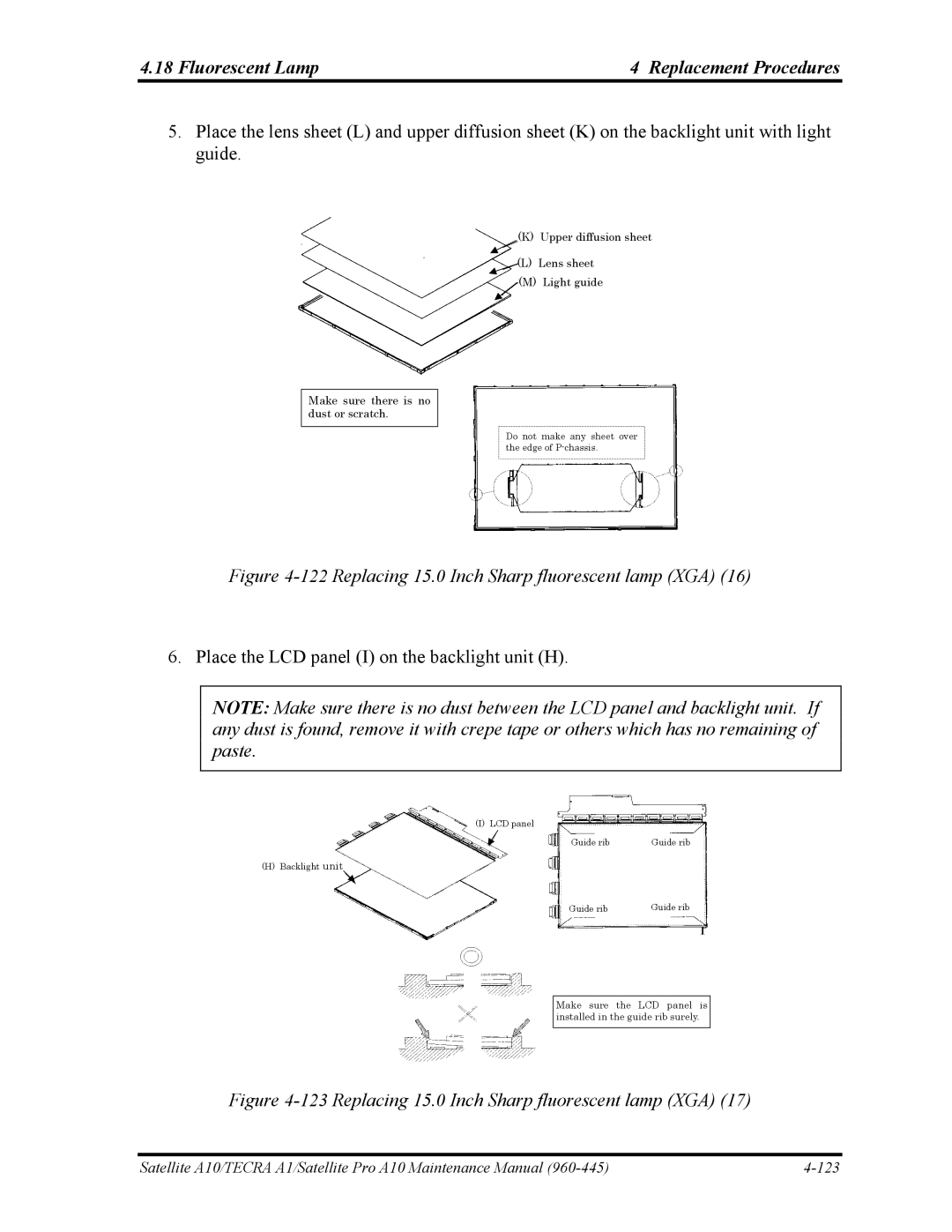 Toshiba A10 manual Replacing 15.0 Inch Sharp fluorescent lamp XGA 