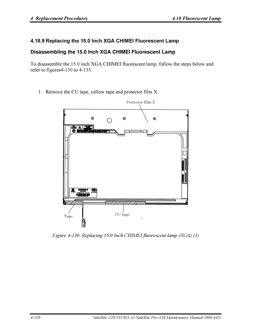 Toshiba A10 manual Replacing 15.0 Inch Chimei fluorescent lamp XGA 