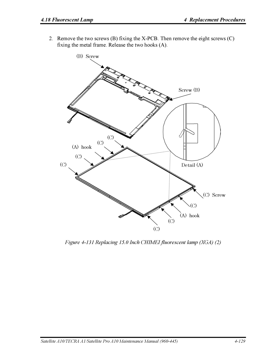 Toshiba A10 manual Replacing 15.0 Inch Chimei fluorescent lamp XGA 