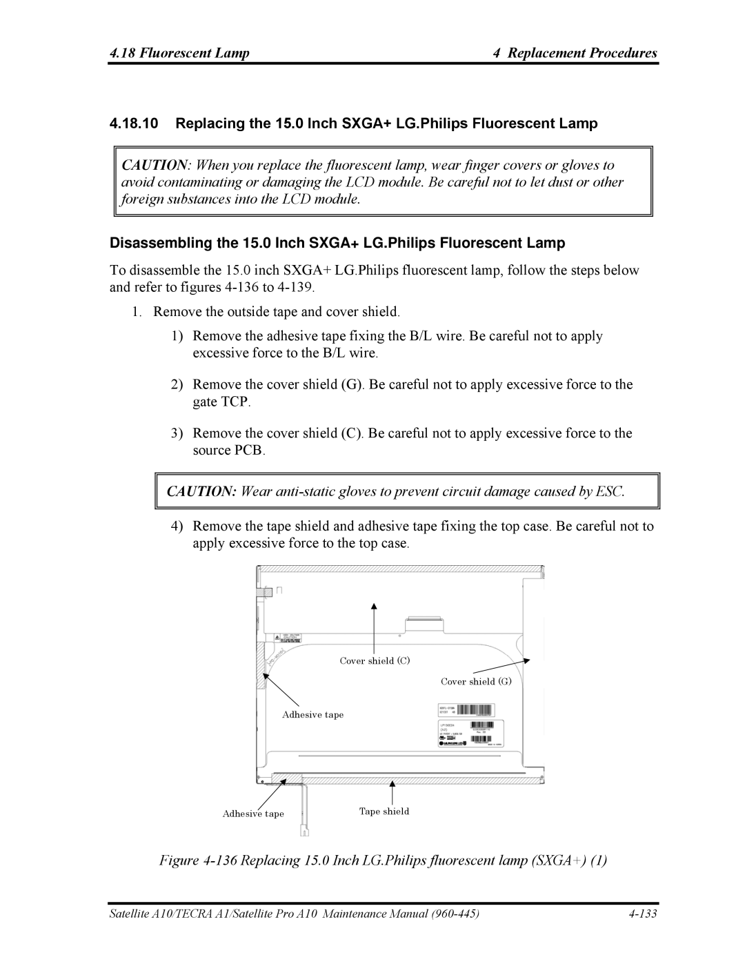 Toshiba A10 manual Replacing 15.0 Inch LG.Philips fluorescent lamp SXGA+ 