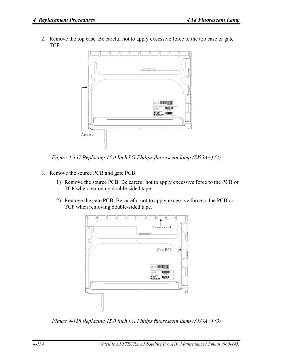 Toshiba A10 manual Replacing 15.0 Inch LG.Philips fluorescent lamp SXGA+ 