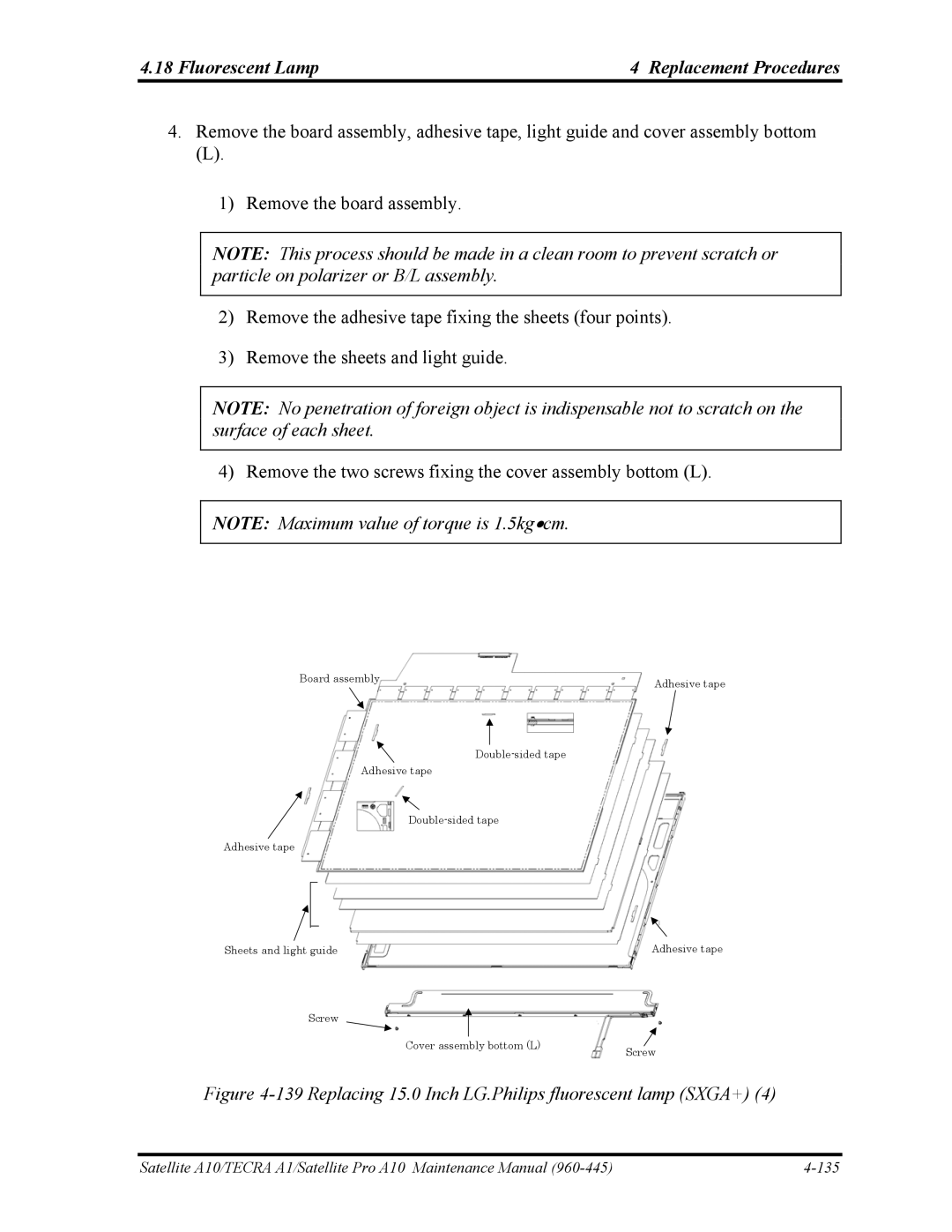 Toshiba A10 manual Replacing 15.0 Inch LG.Philips fluorescent lamp SXGA+ 