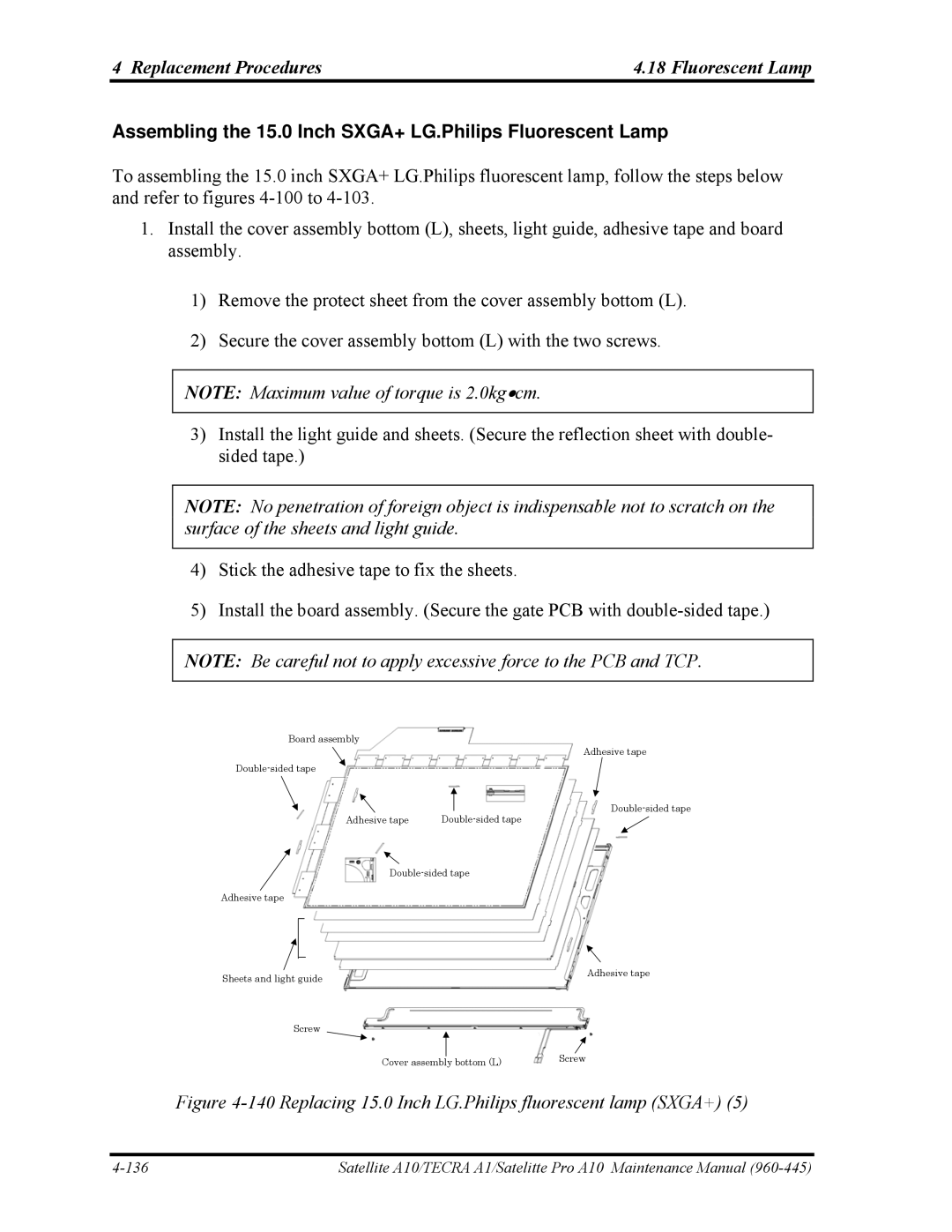 Toshiba A10 manual Assembling the 15.0 Inch SXGA+ LG.Philips Fluorescent Lamp 