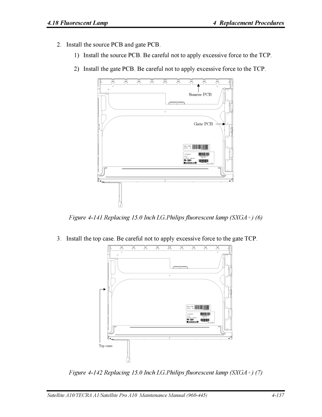 Toshiba A10 manual Replacing 15.0 Inch LG.Philips fluorescent lamp SXGA+ 