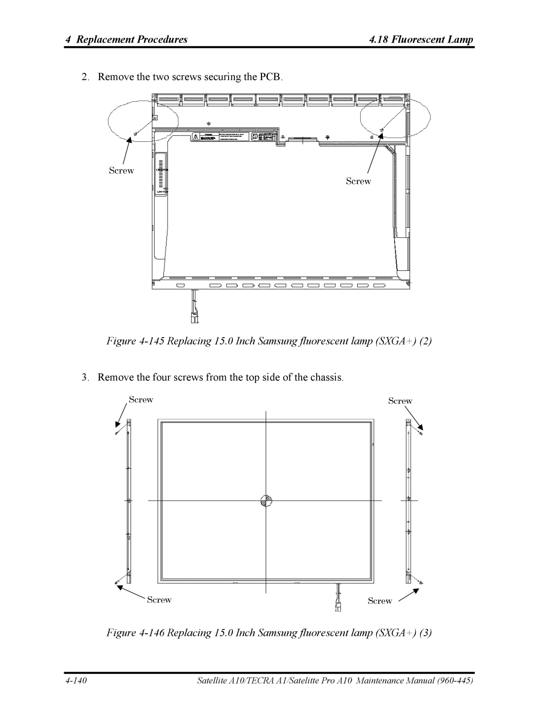 Toshiba A10 manual Replacing 15.0 Inch Samsung fluorescent lamp SXGA+ 