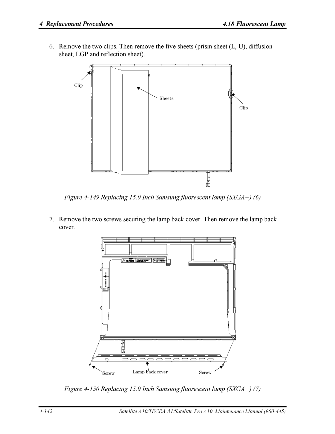 Toshiba A10 manual Replacing 15.0 Inch Samsung fluorescent lamp SXGA+ 