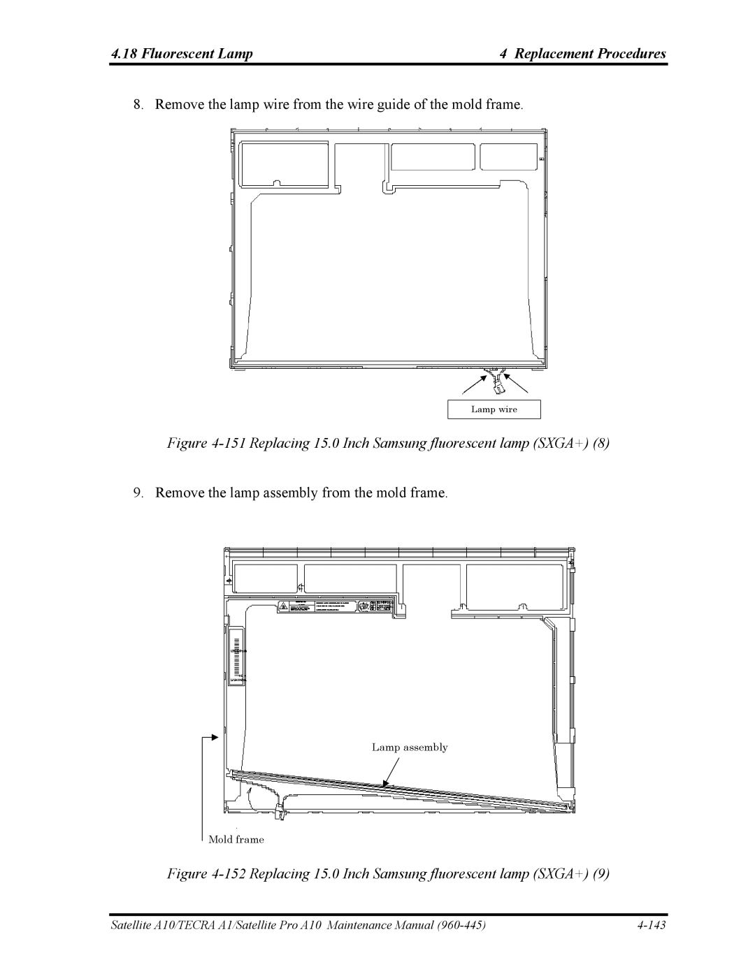 Toshiba A10 manual Replacing 15.0 Inch Samsung fluorescent lamp SXGA+ 