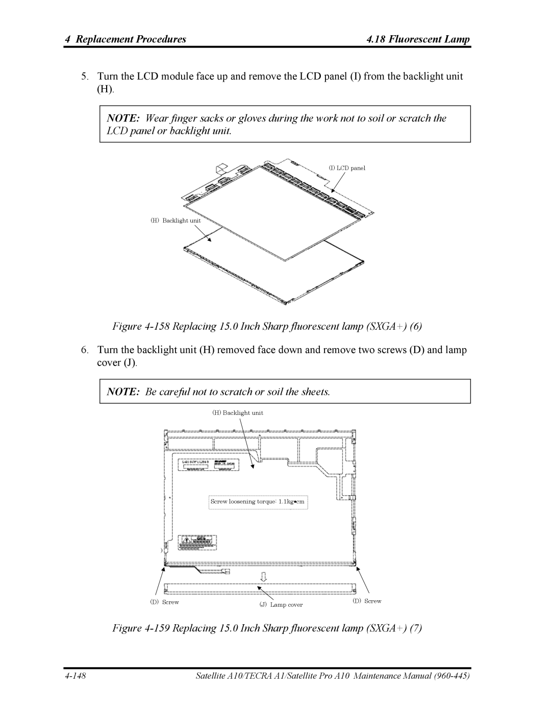 Toshiba A10 manual Replacing 15.0 Inch Sharp fluorescent lamp SXGA+ 