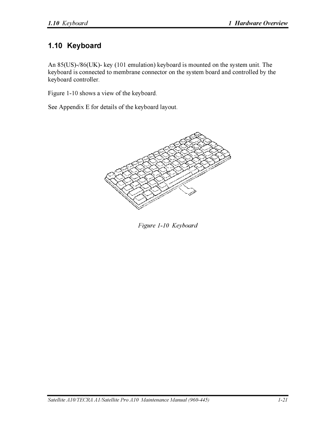 Toshiba A10 manual Keyboard Hardware Overview 