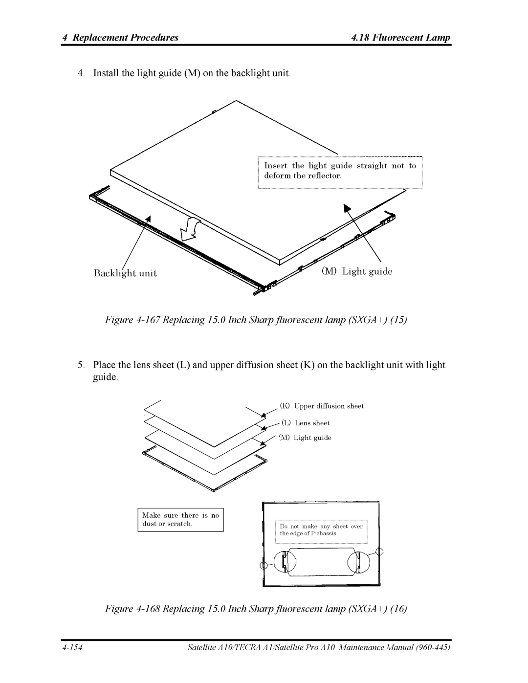 Toshiba A10 manual Replacing 15.0 Inch Sharp fluorescent lamp SXGA+ 