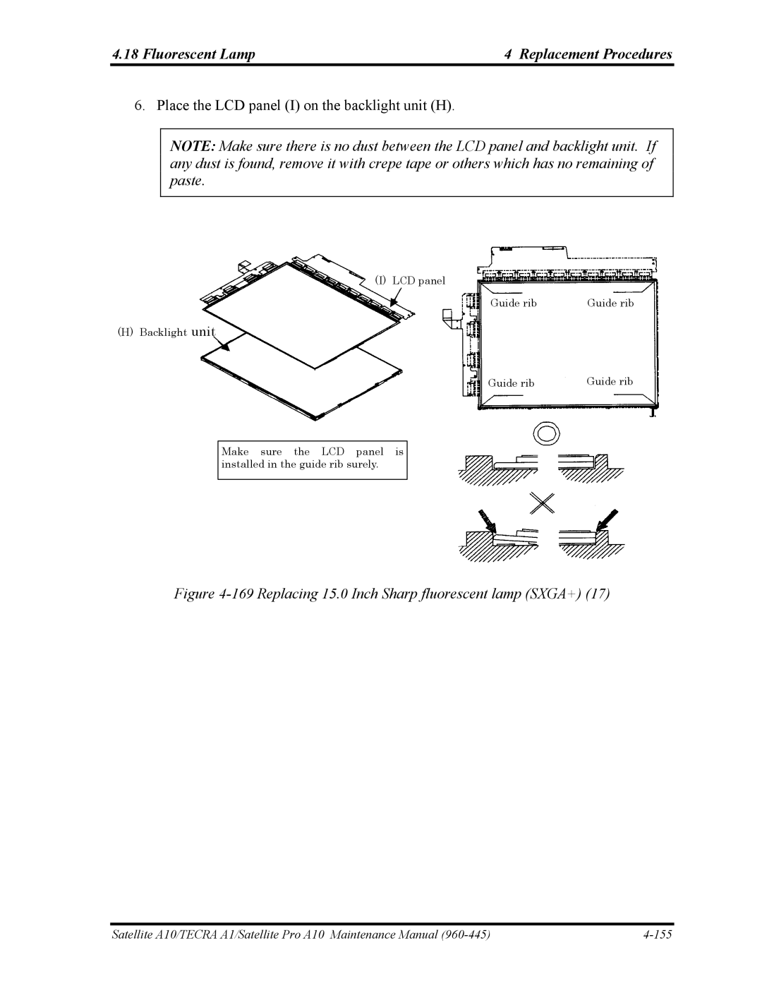 Toshiba A10 manual Replacing 15.0 Inch Sharp fluorescent lamp SXGA+ 