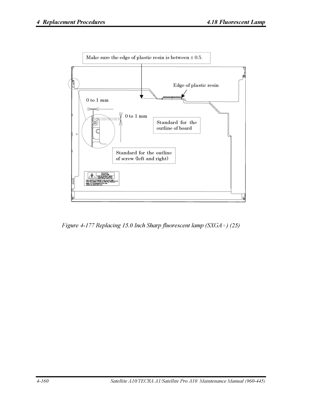 Toshiba A10 manual Replacing 15.0 Inch Sharp fluorescent lamp SXGA+ 