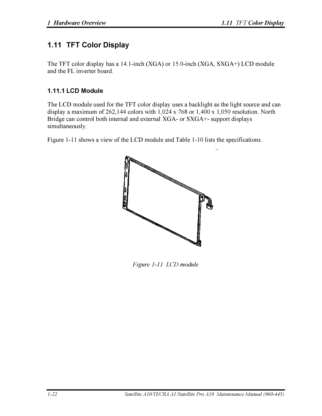 Toshiba A10 manual Hardware Overview TFT Color Display, LCD Module 