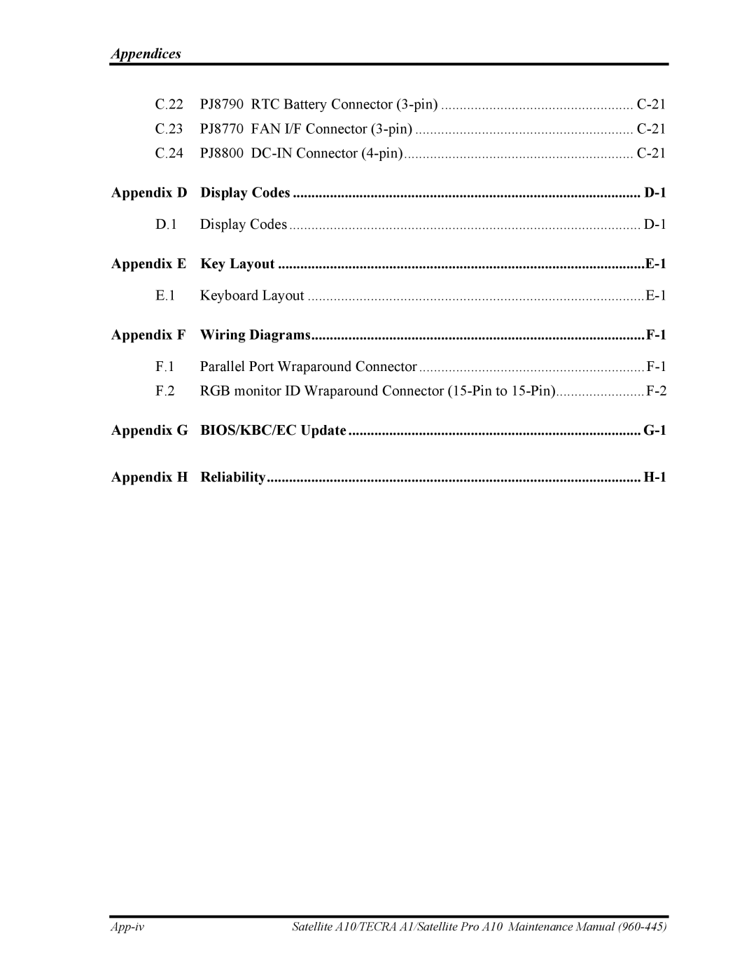 Toshiba A10 manual Appendix D 