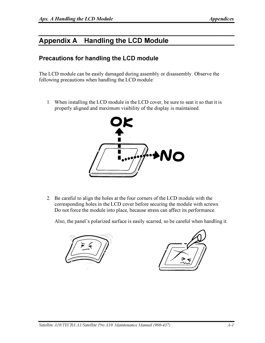 Toshiba A10 manual Precautions for handling the LCD module, Apx. a Handling the LCD Module Appendices 