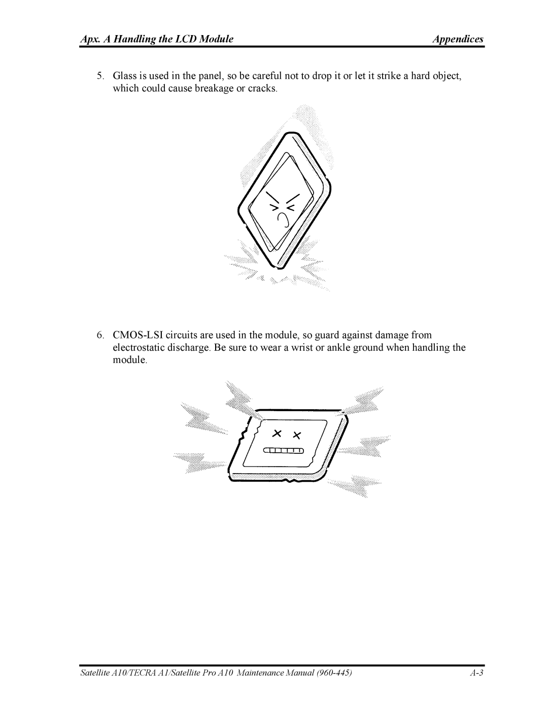 Toshiba A10 manual Apx. a Handling the LCD Module Appendices 