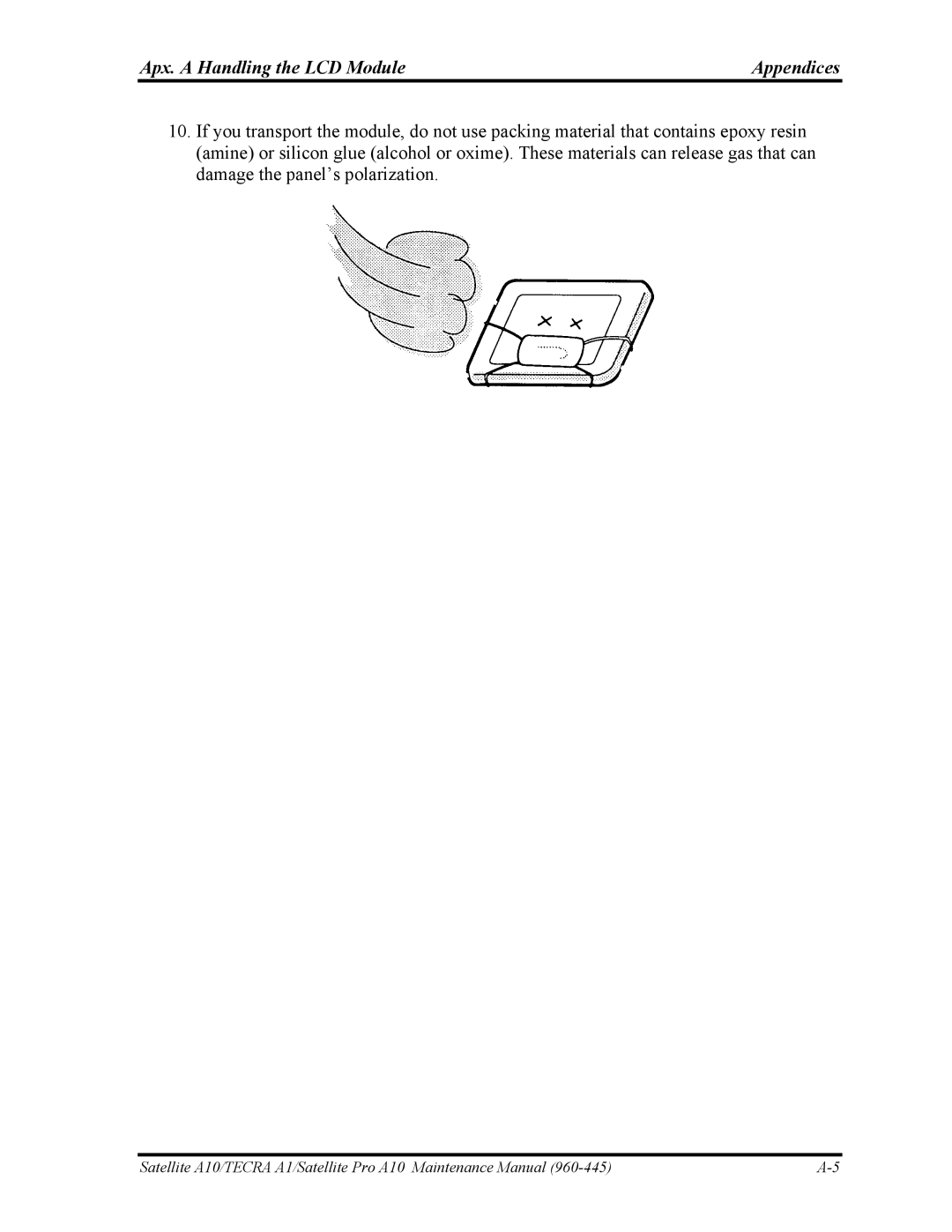 Toshiba A10 manual Apx. a Handling the LCD Module Appendices 