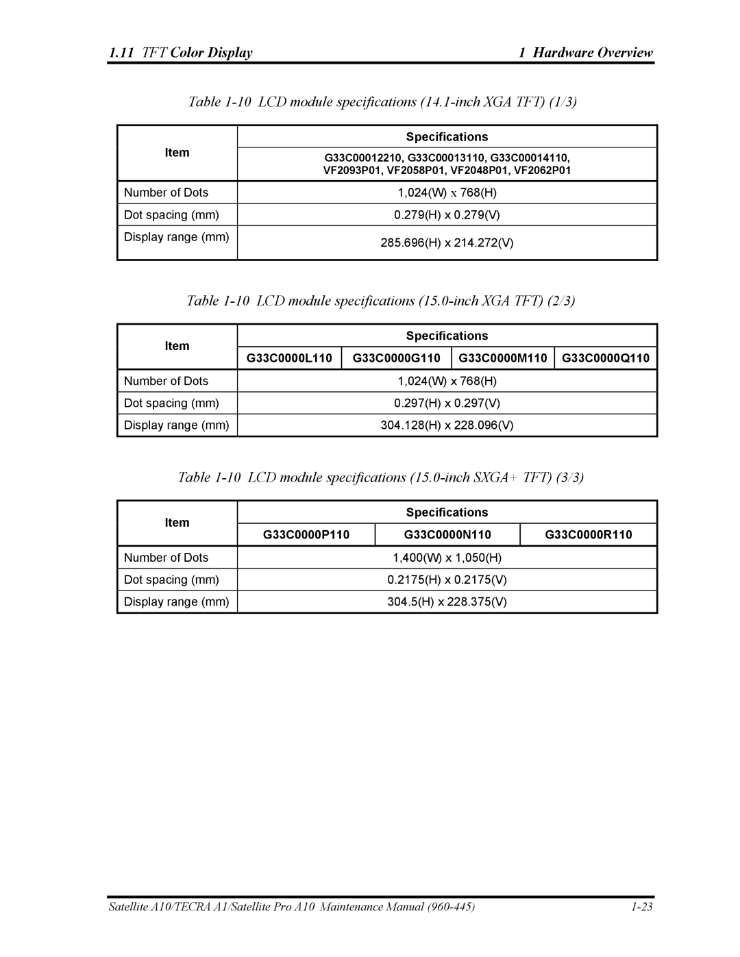 Toshiba A10 manual TFT Color Display Hardware Overview, LCD module specifications 14.1-inch XGA TFT 1/3 