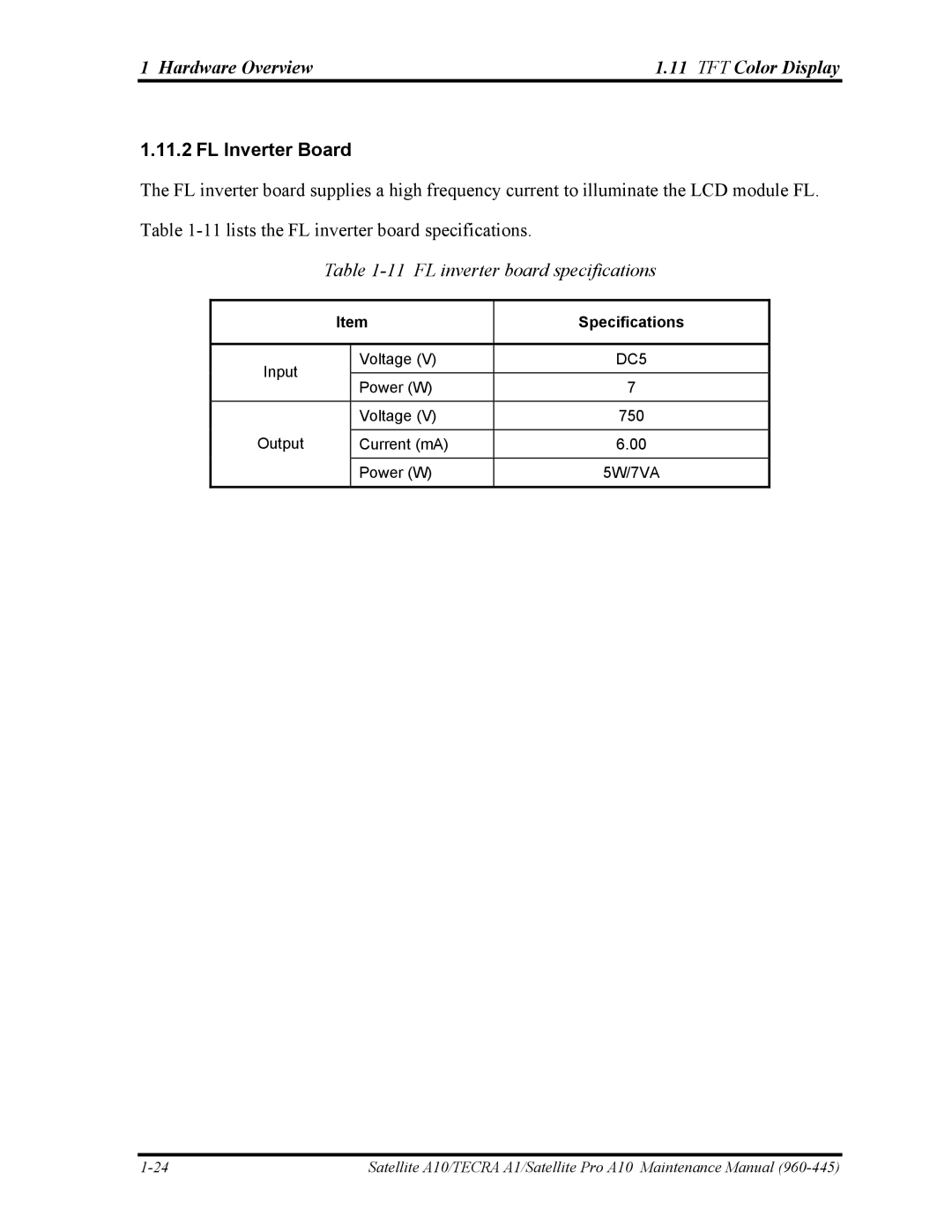 Toshiba A10 manual FL Inverter Board, FL inverter board specifications, DC5 