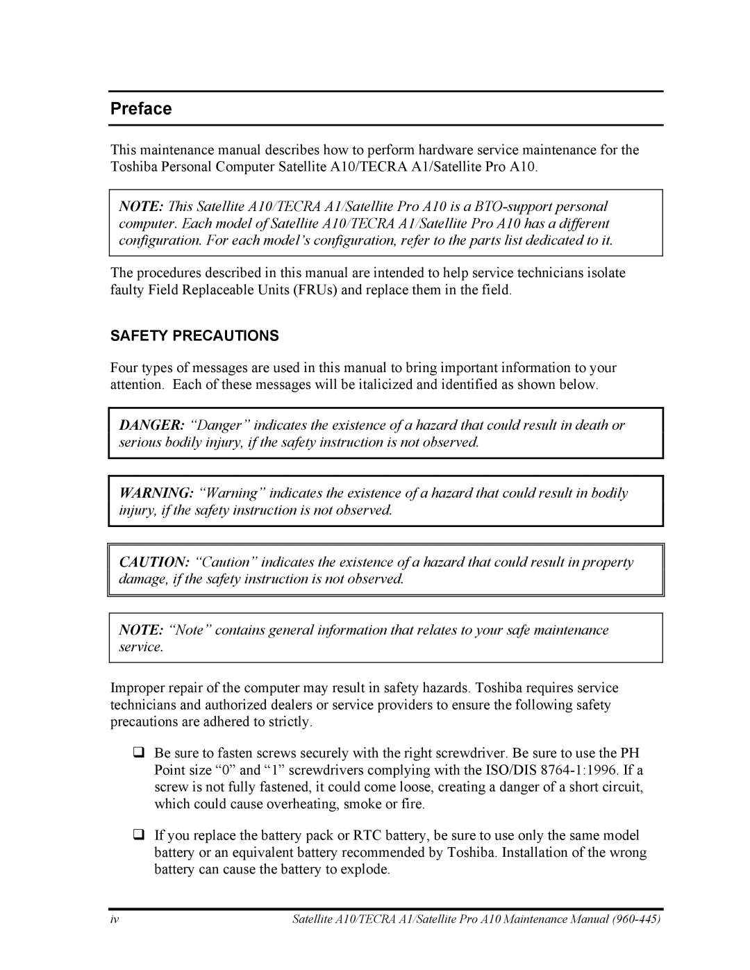 Toshiba A10 manual Preface, Safety Precautions 