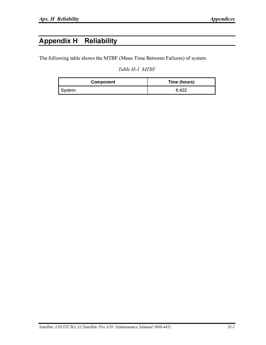 Toshiba A10 manual Apx. H Reliability Appendices, Table H-1 Mtbf 