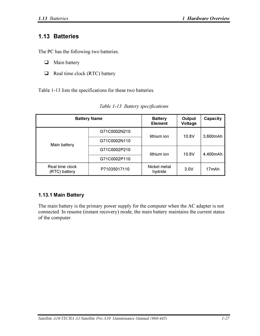 Toshiba A1 Batteries Hardware Overview, Battery specifications, Main Battery, Battery Name Output Capacity Element 