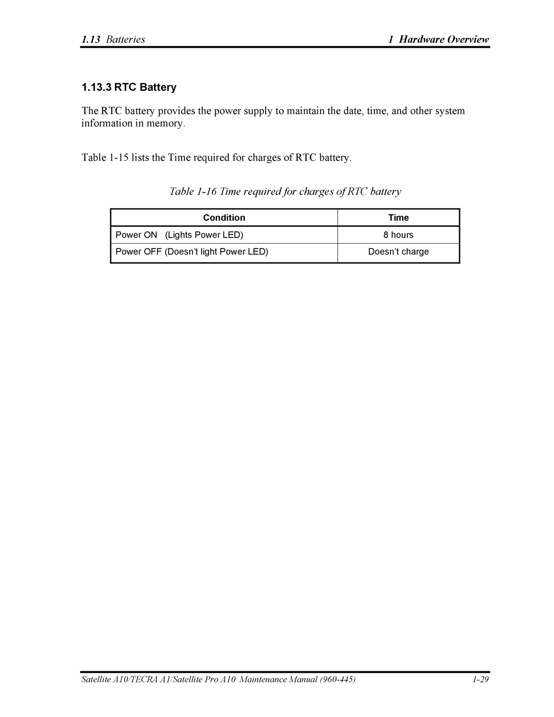 Toshiba A10 manual RTC Battery, Time required for charges of RTC battery, Condition Time 