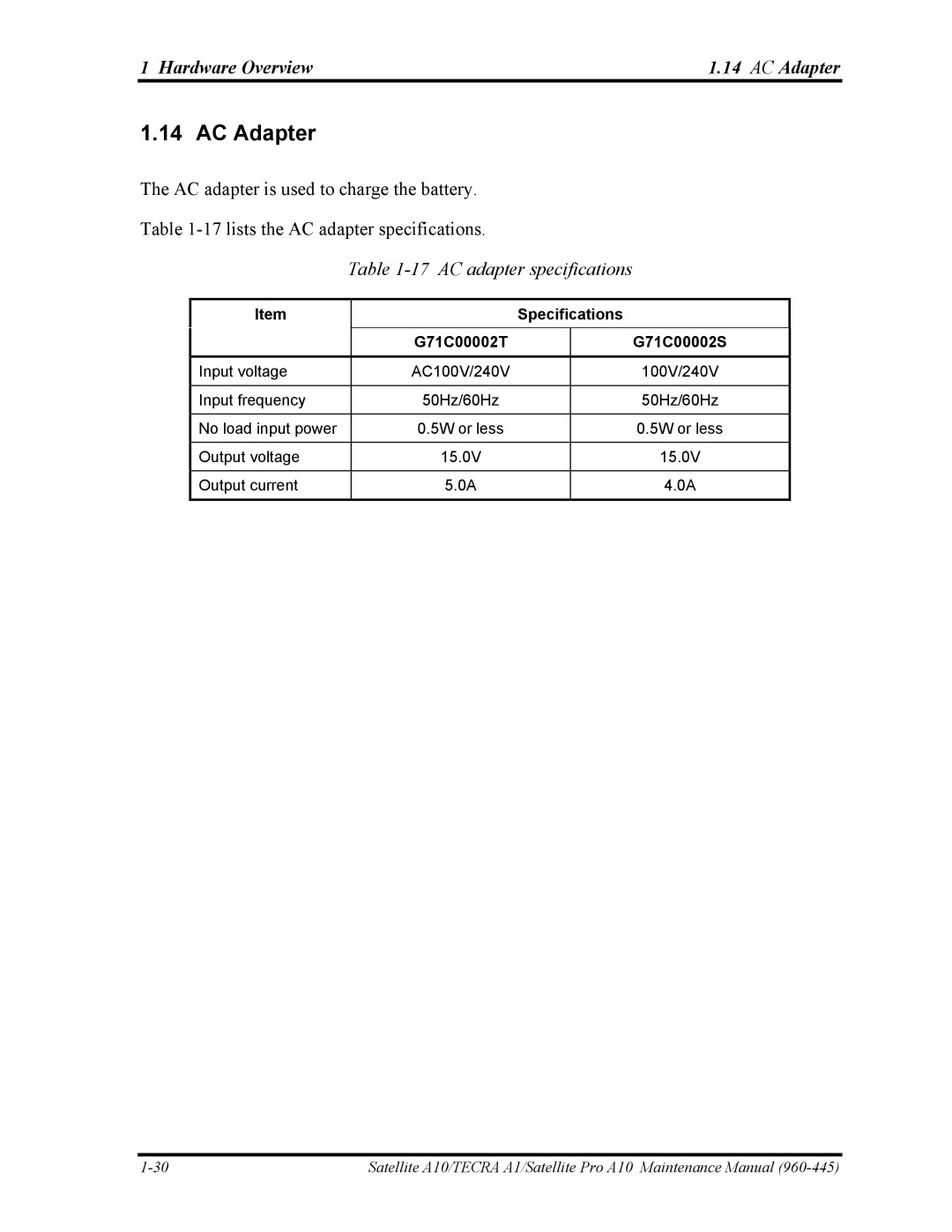 Toshiba A10 manual Hardware Overview AC Adapter, AC adapter specifications, G71C00002T G71C00002S 