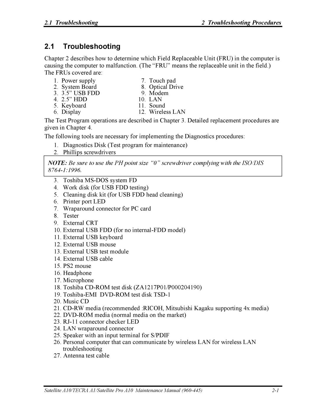 Toshiba A10 manual Troubleshooting Troubleshooting Procedures 