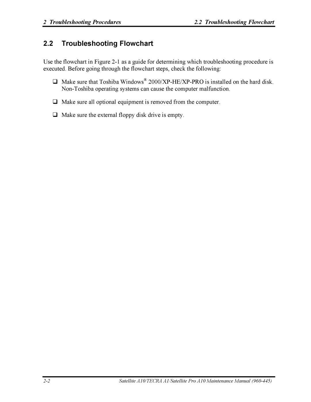 Toshiba A10 manual Troubleshooting Procedures Troubleshooting Flowchart 