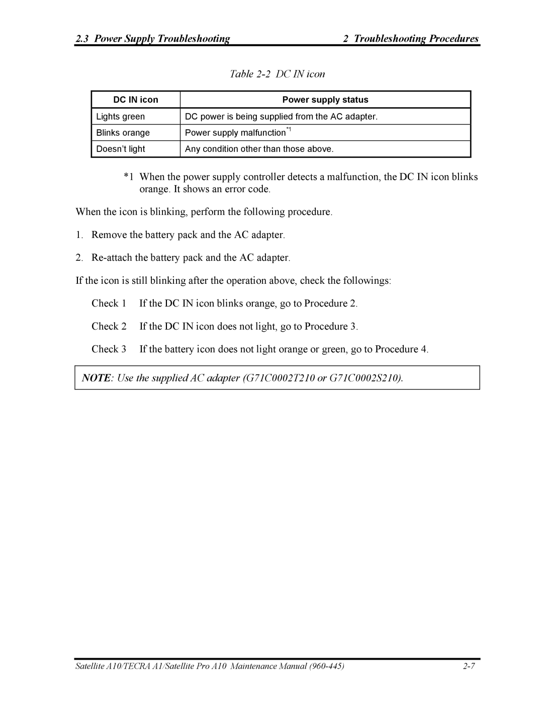 Toshiba A10 manual Power Supply Troubleshooting Troubleshooting Procedures, DC in icon Power supply status 