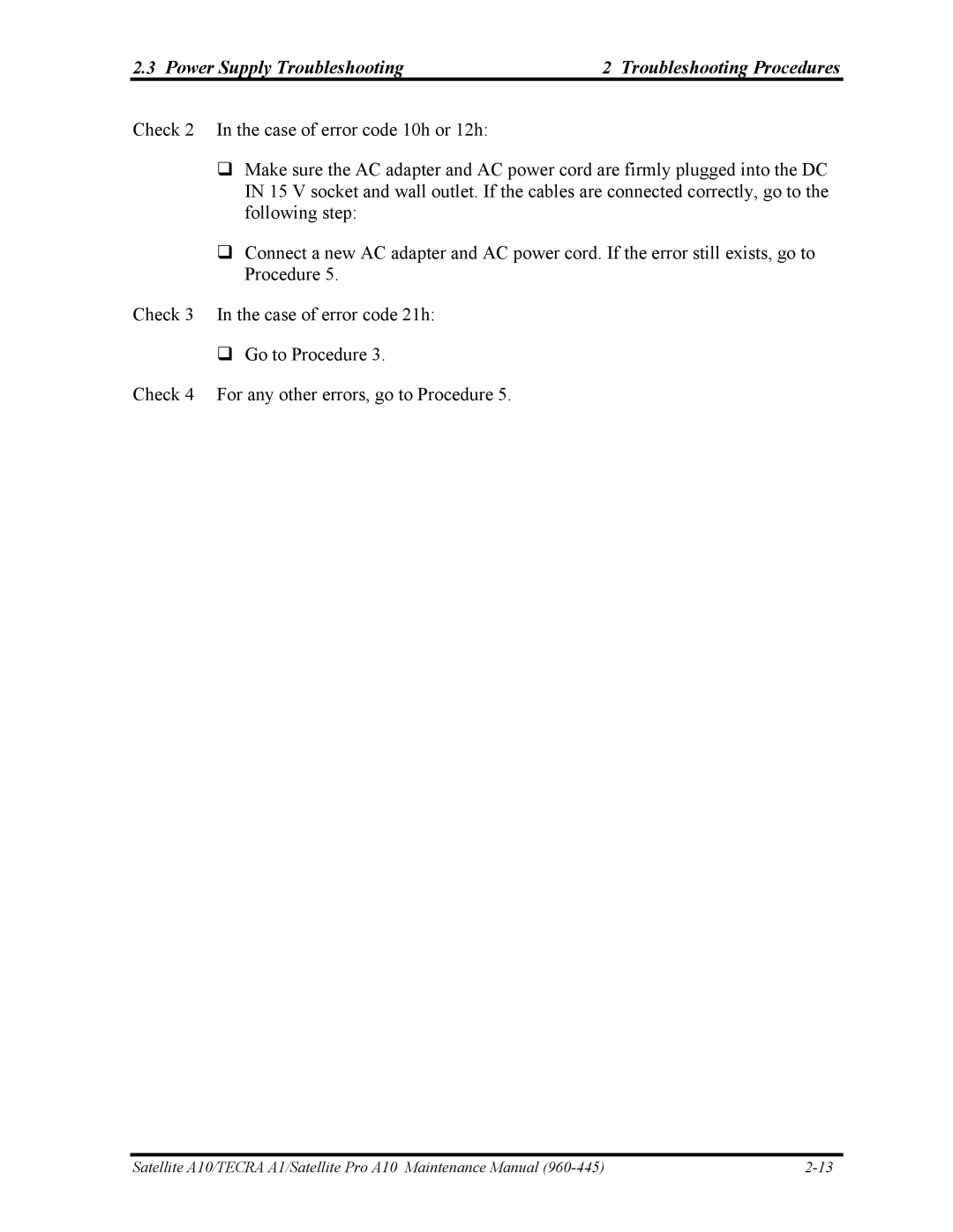 Toshiba A10 manual Power Supply Troubleshooting Troubleshooting Procedures 