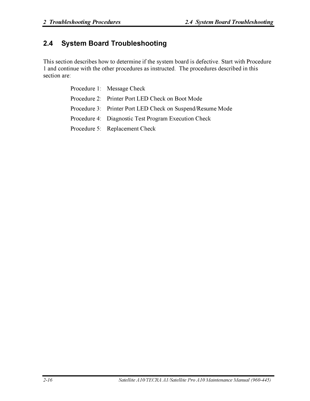 Toshiba A10 manual Troubleshooting Procedures System Board Troubleshooting 