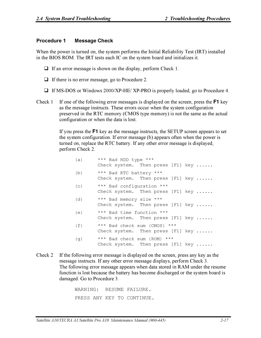 Toshiba A10 manual System Board Troubleshooting Troubleshooting Procedures, Procedure 1 Message Check 
