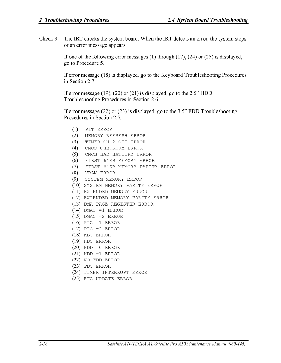 Toshiba A10 manual KBC Error HDC Error 