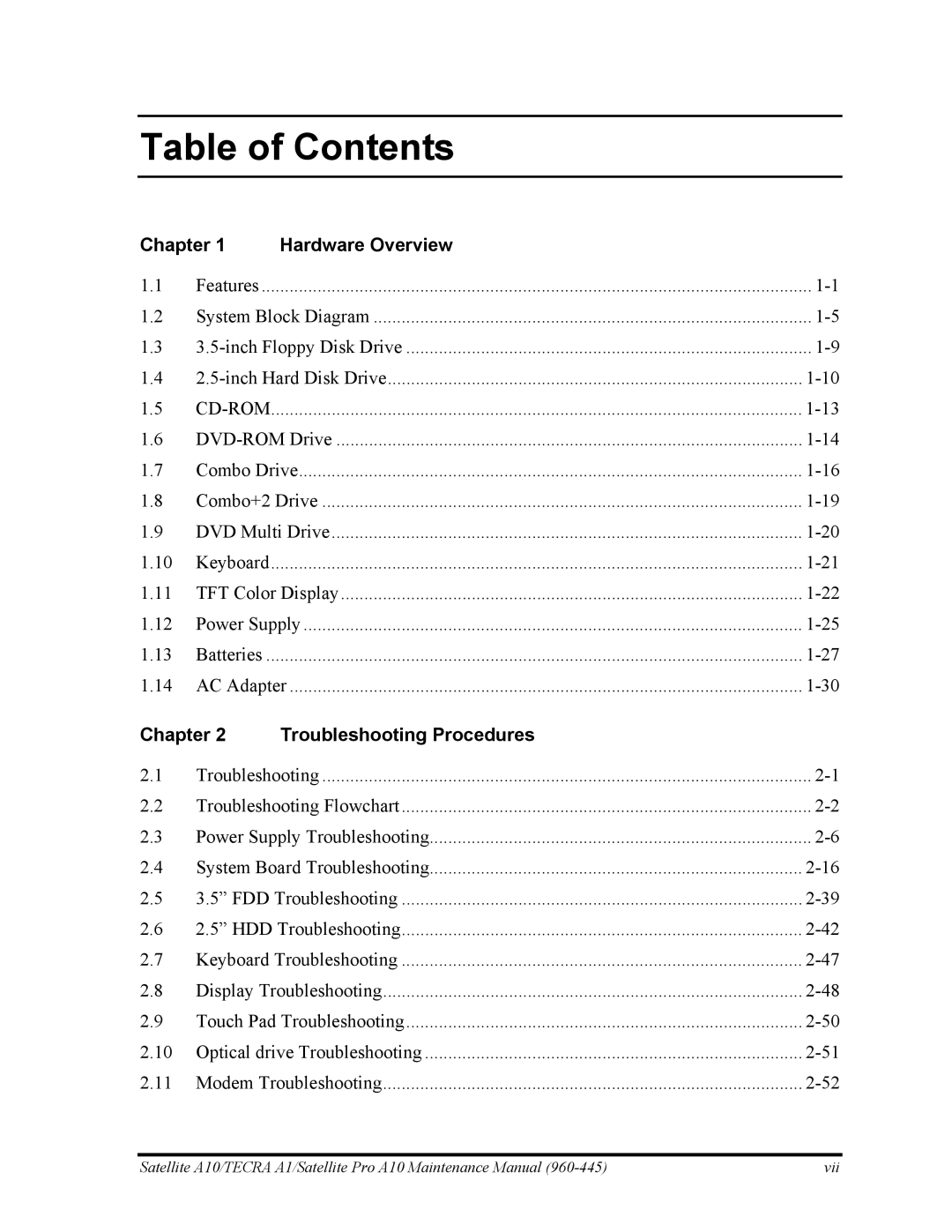 Toshiba A10 manual Table of Contents 