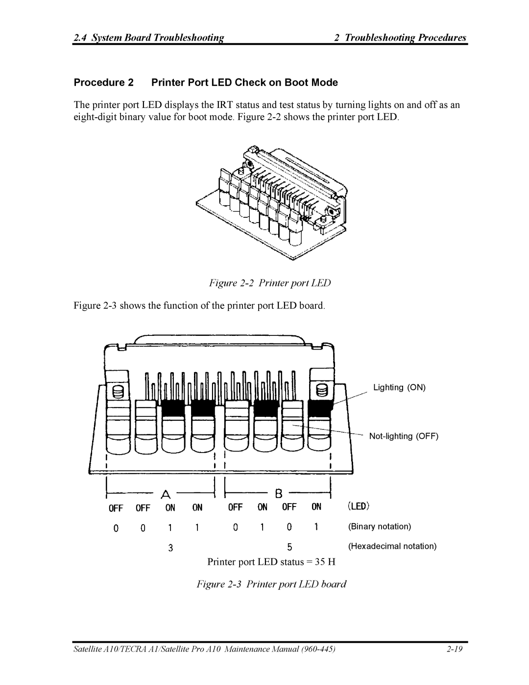 Toshiba A10 manual Procedure 2 Printer Port LED Check on Boot Mode, Printer port LED 