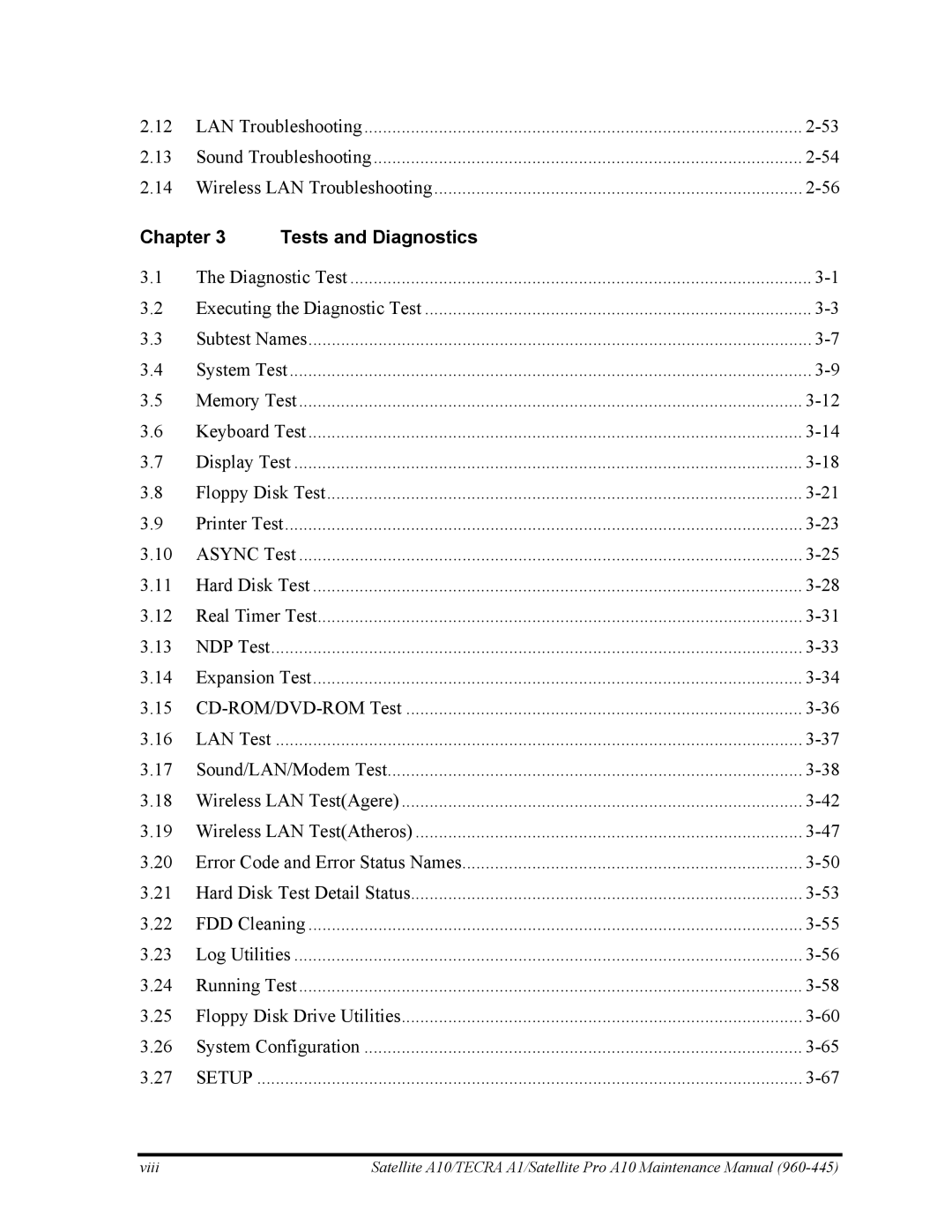 Toshiba A10 manual Chapter Tests and Diagnostics 