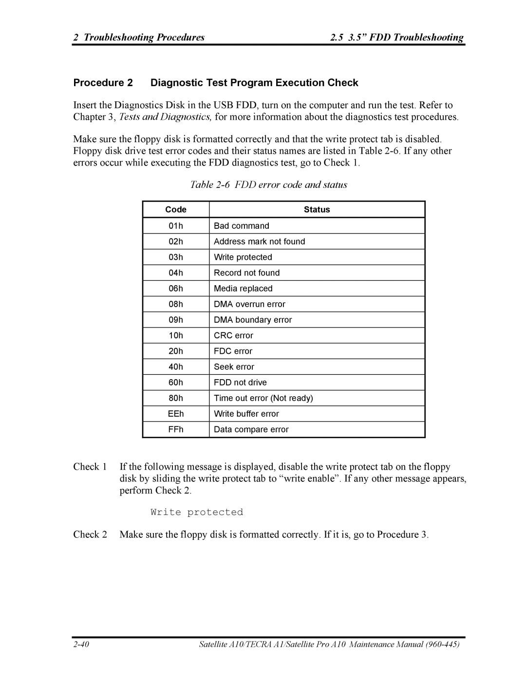 Toshiba A10 manual Troubleshooting Procedures 3.5 FDD Troubleshooting, Procedure 2 Diagnostic Test Program Execution Check 