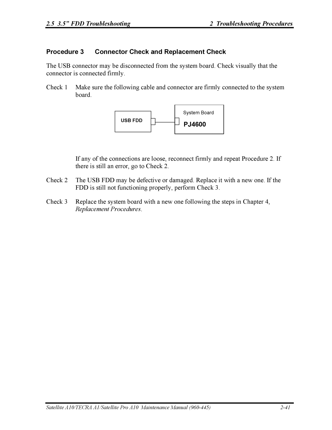 Toshiba A10 manual Procedure 3 Connector Check and Replacement Check, PJ4600 