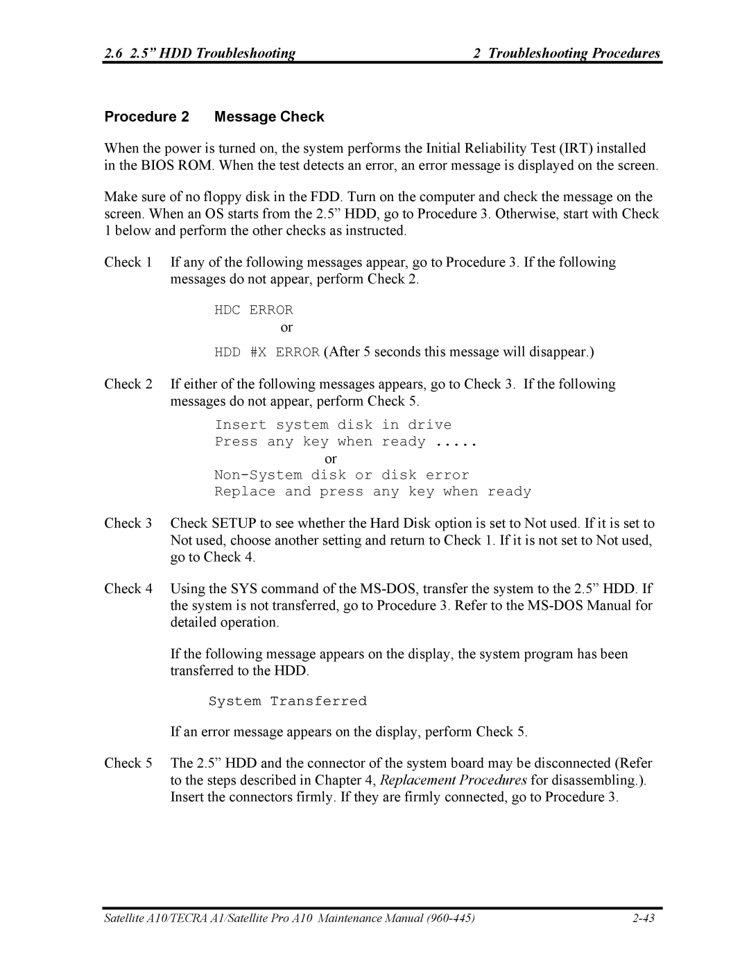 Toshiba A10 manual HDD Troubleshooting Troubleshooting Procedures, Procedure 2 Message Check 