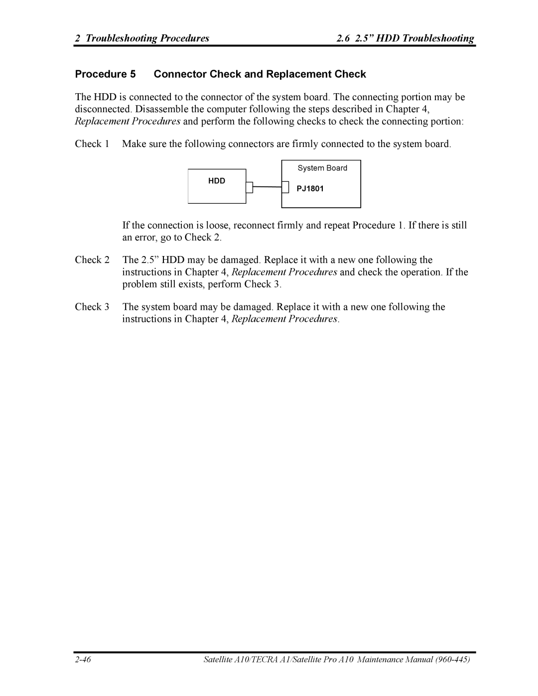 Toshiba A10 manual Procedure 5 Connector Check and Replacement Check 