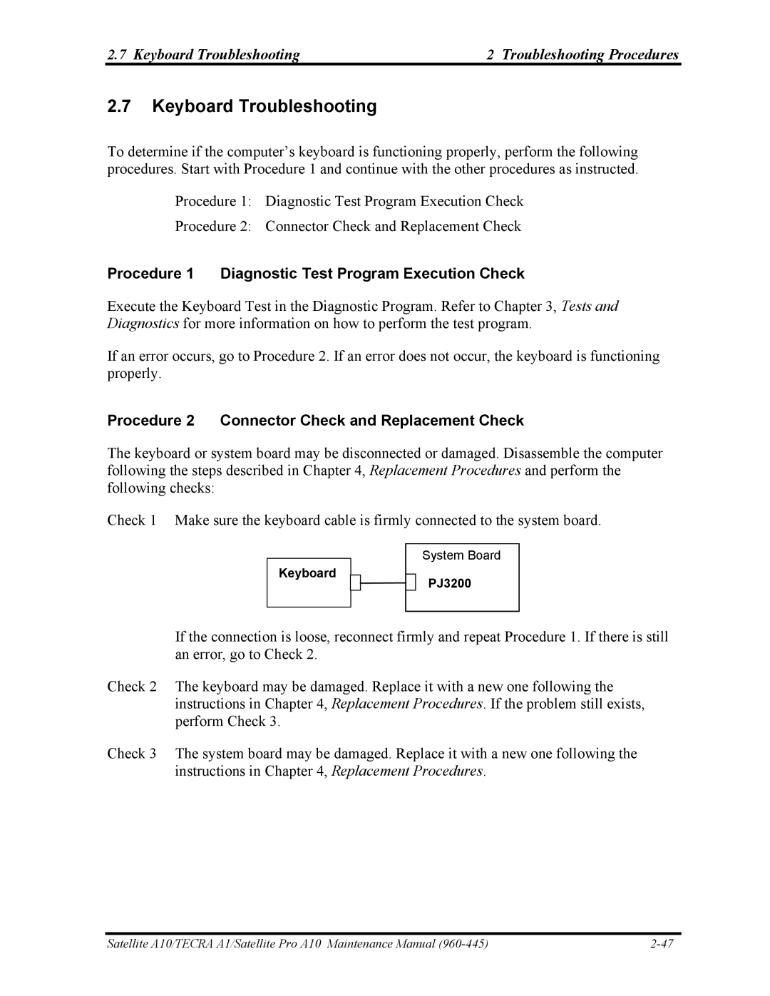 Toshiba A1 Keyboard Troubleshooting Troubleshooting Procedures, Procedure 1 Diagnostic Test Program Execution Check 