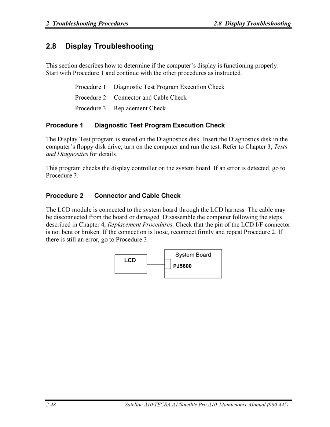 Toshiba A10 manual Troubleshooting Procedures Display Troubleshooting, Procedure 2 Connector and Cable Check, PJ5600 