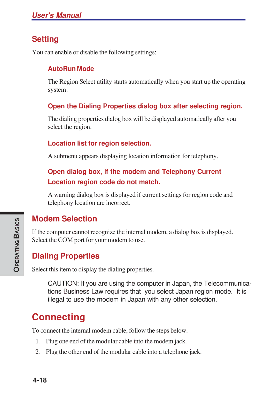 Toshiba A10 Series user manual Connecting, Setting, Modem Selection, Dialing Properties 