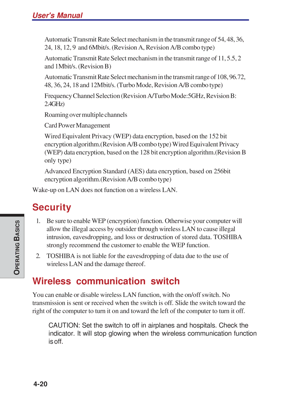 Toshiba A10 Series user manual Security, Wireless communication switch 