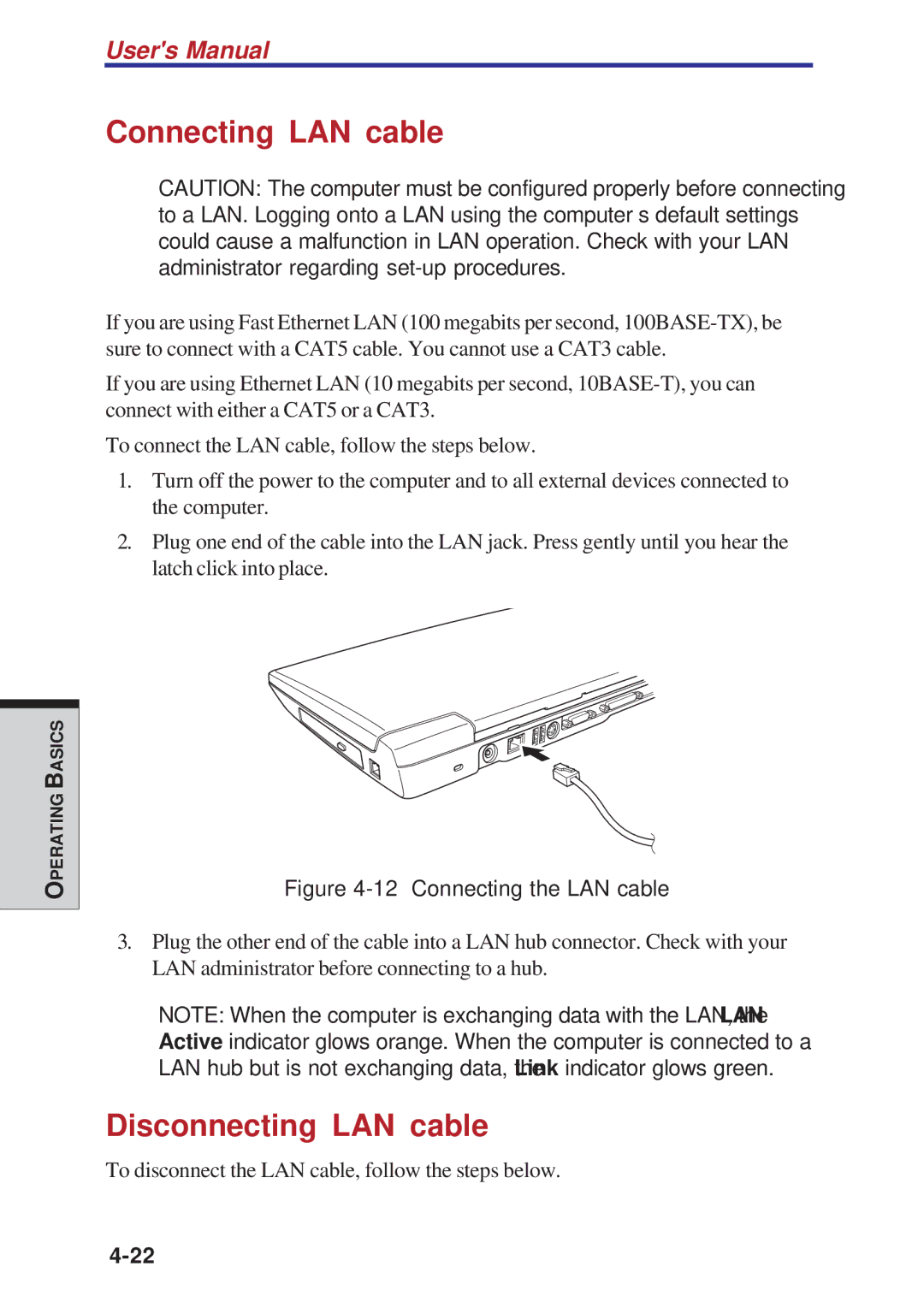 Toshiba A10 Series user manual Connecting LAN cable, Disconnecting LAN cable 