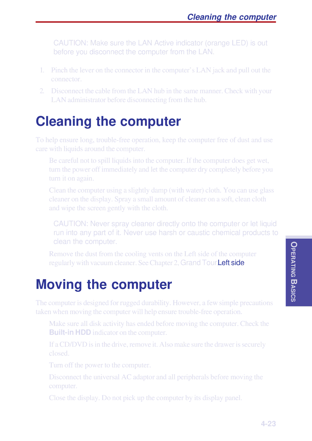 Toshiba A10 Series user manual Cleaning the computer, Moving the computer 