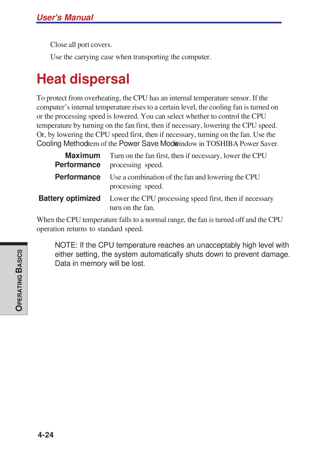 Toshiba A10 Series user manual Heat dispersal 